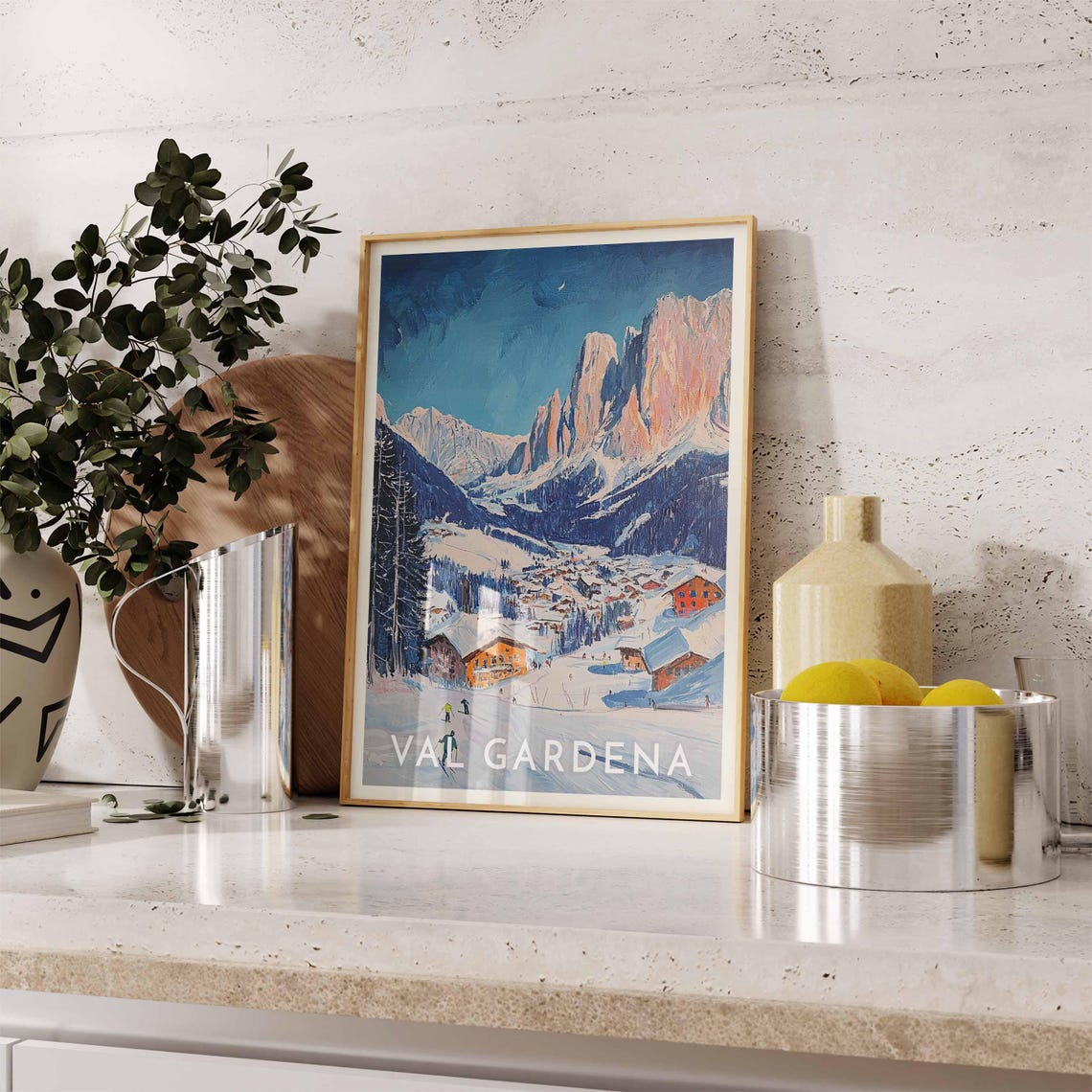 Val Gardena Italy Sunset Dolomite Peaks Village Skiers Art Poster - Image 2