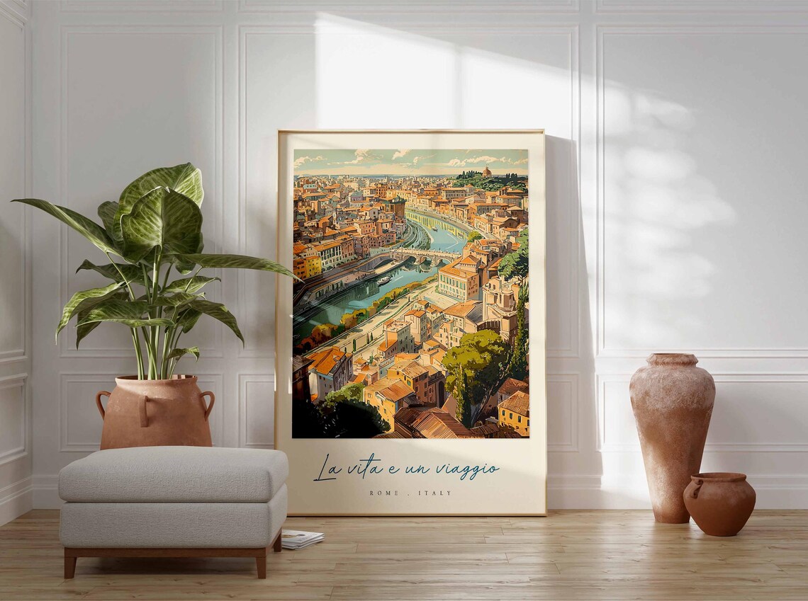 Rome Italy Aerial Tiber Bend Panorama Watercolor Travel Poster - Image 3