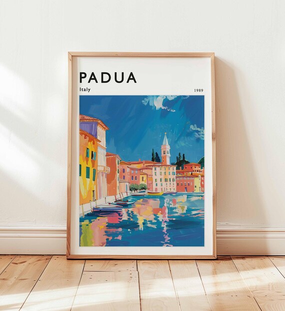 Padua Italy 1989 Canal Waterfront Colorful Vintage Travel Poster