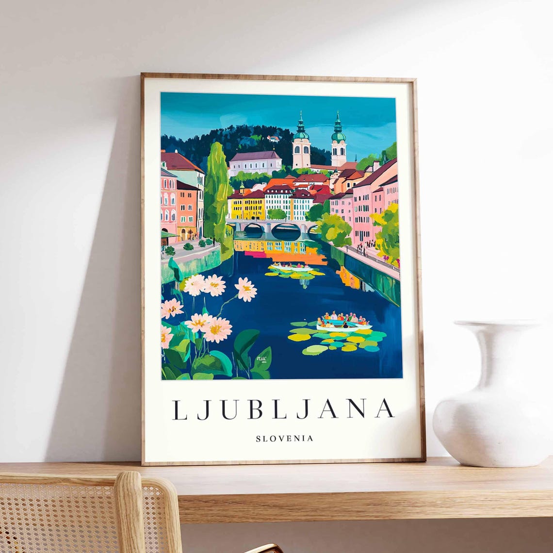 Ljubljana Slovenia River Flowers Boats Colorful River Scene Art Poster