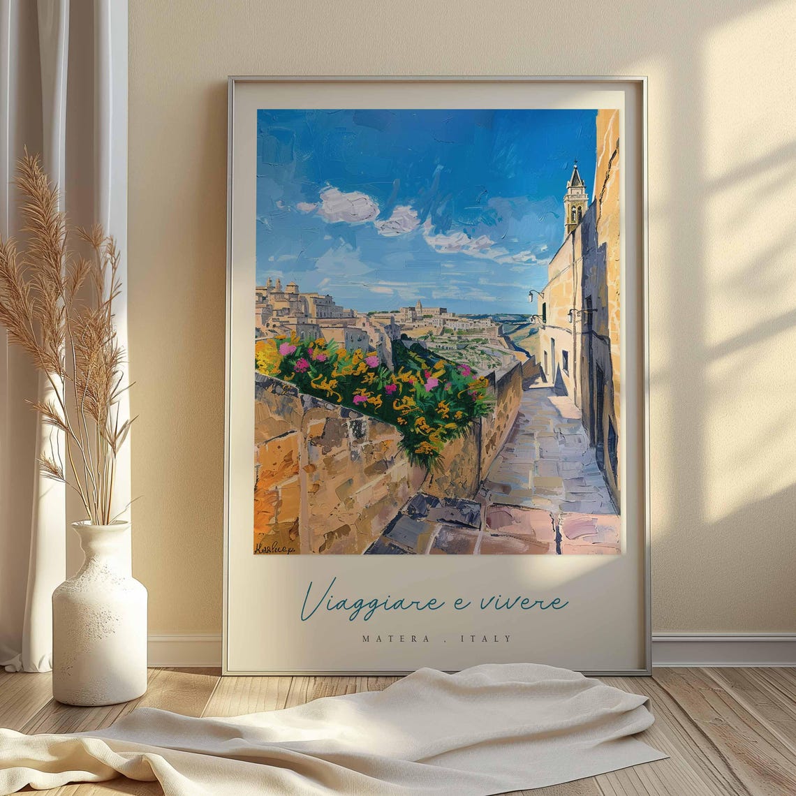 Matera Italy Stone Walkway Flower Wall Vista Watercolor Poster - Image 2