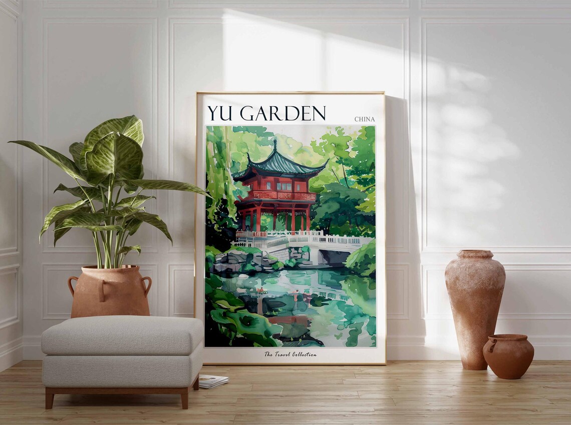 Yu Garden China Red Pagoda Pavilion Pond Watercolor Travel Poster - Image 3