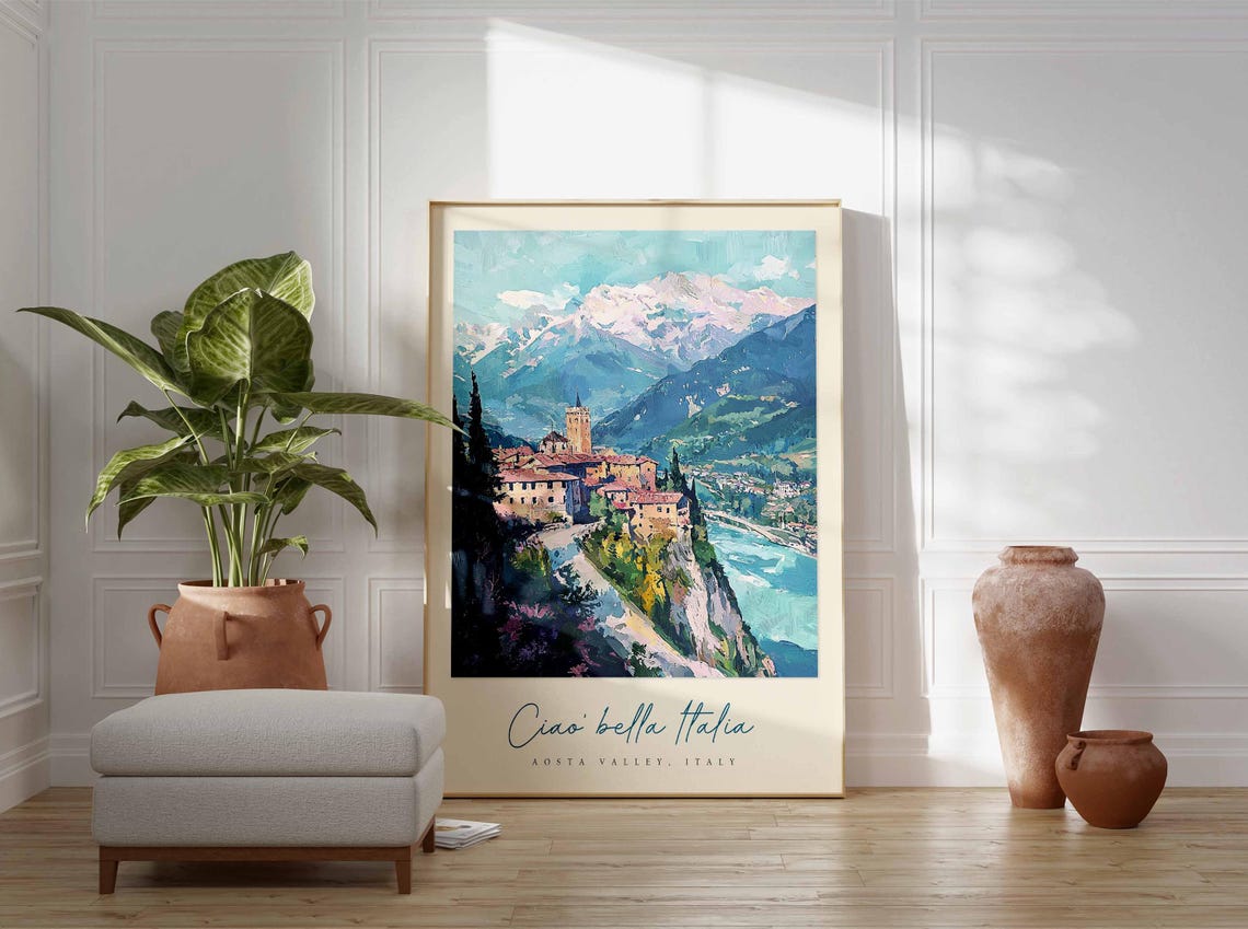 Aosta Valley Cliffside Town Church Tower Snow Peaks Scenic Poster - Image 3