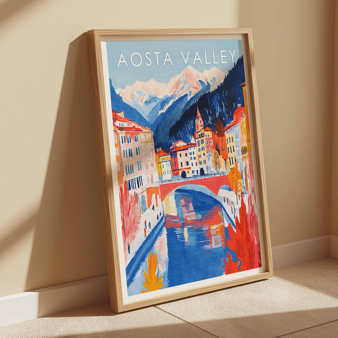 Aosta Valley Italy Alpine Town River Bridge Snowy Mountains Poster