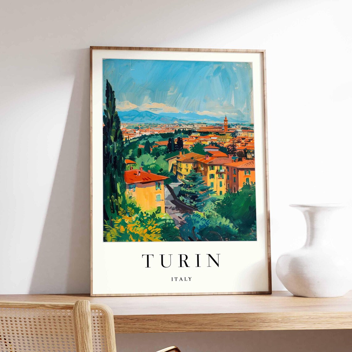 Turin Italy City View Rooftops Alps Panoramic Vista Travel Poster