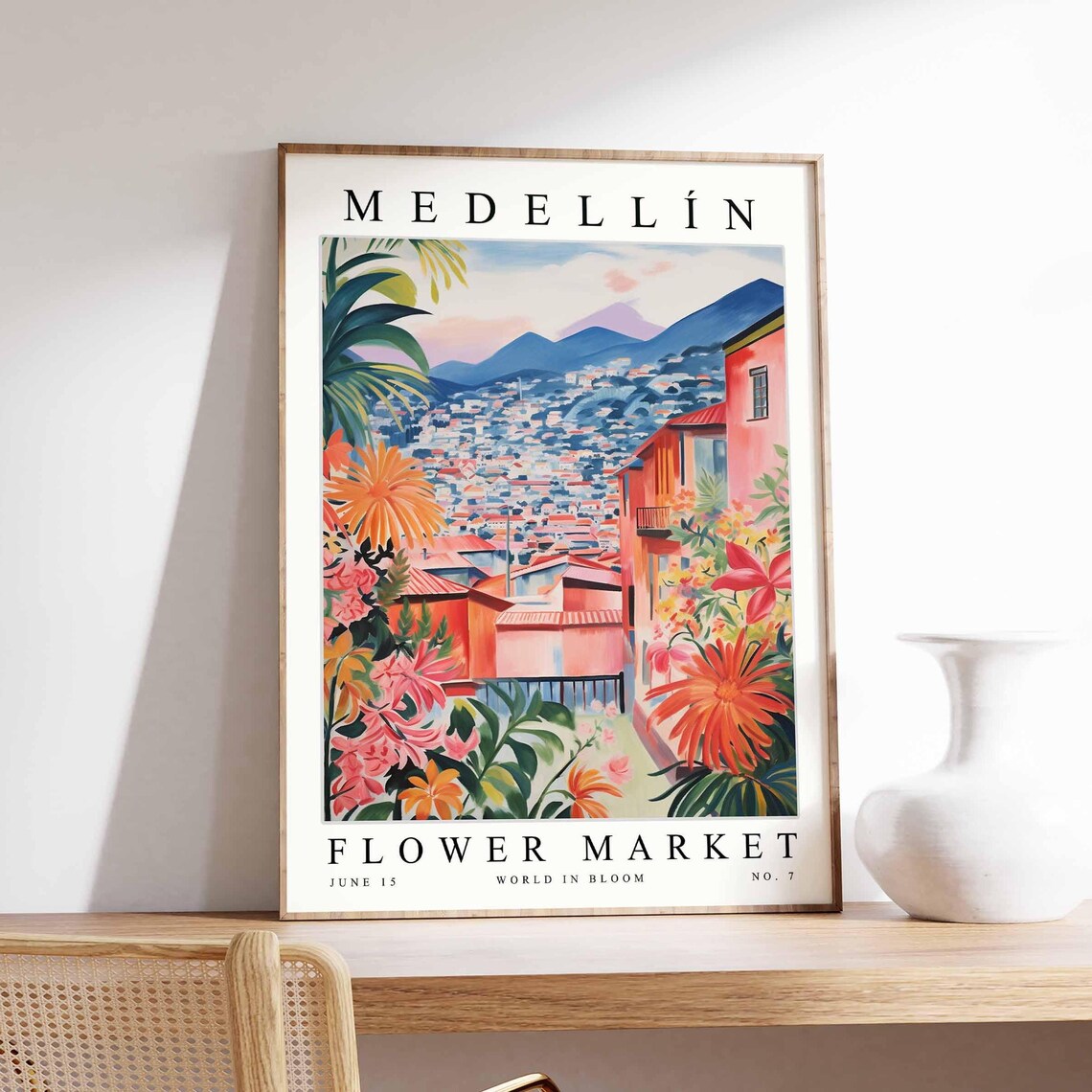Medellín Flower Market No 7 Sunrise City Palms Orange Bloom Poster