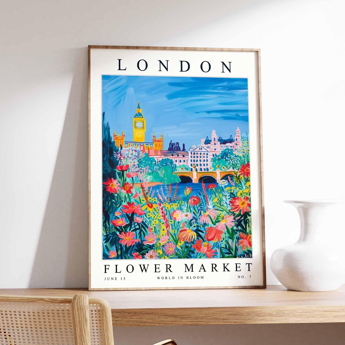 London Big Ben Flower Market Teal Cosmos Retro City Poster Art
