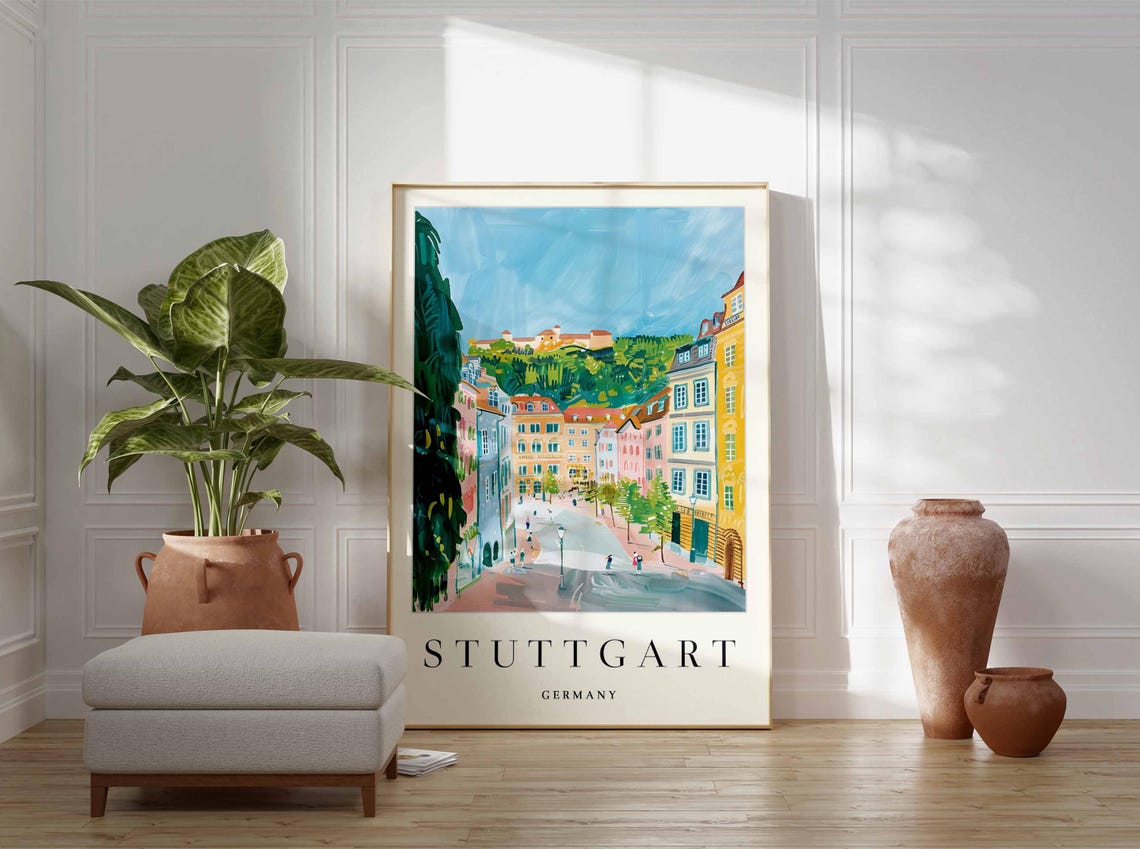 Stuttgart Germany Colorful Painted Old Town Street Scene Travel Poster - Image 4