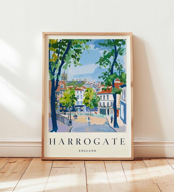 Harrogate England Tree Lined Town Square Morning Scene Art Poster