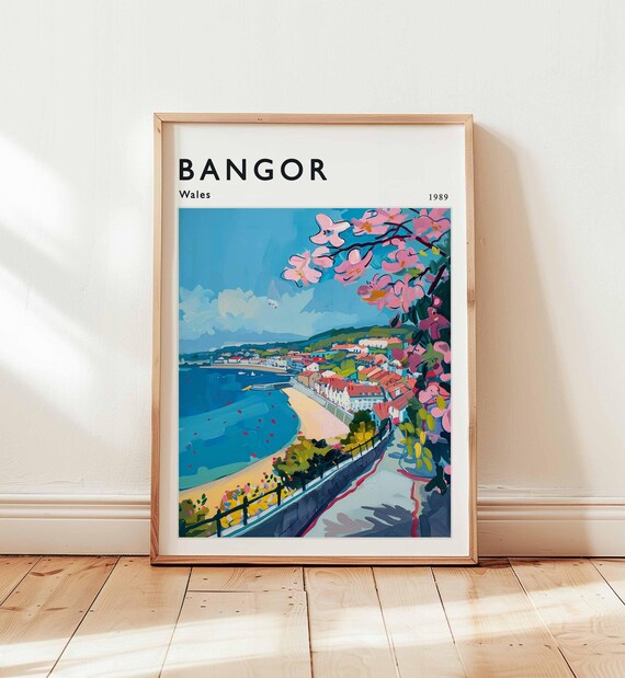 Bangor Wales 1989 Coastal Promenade Cherry Blossom Vintage Art Poster
