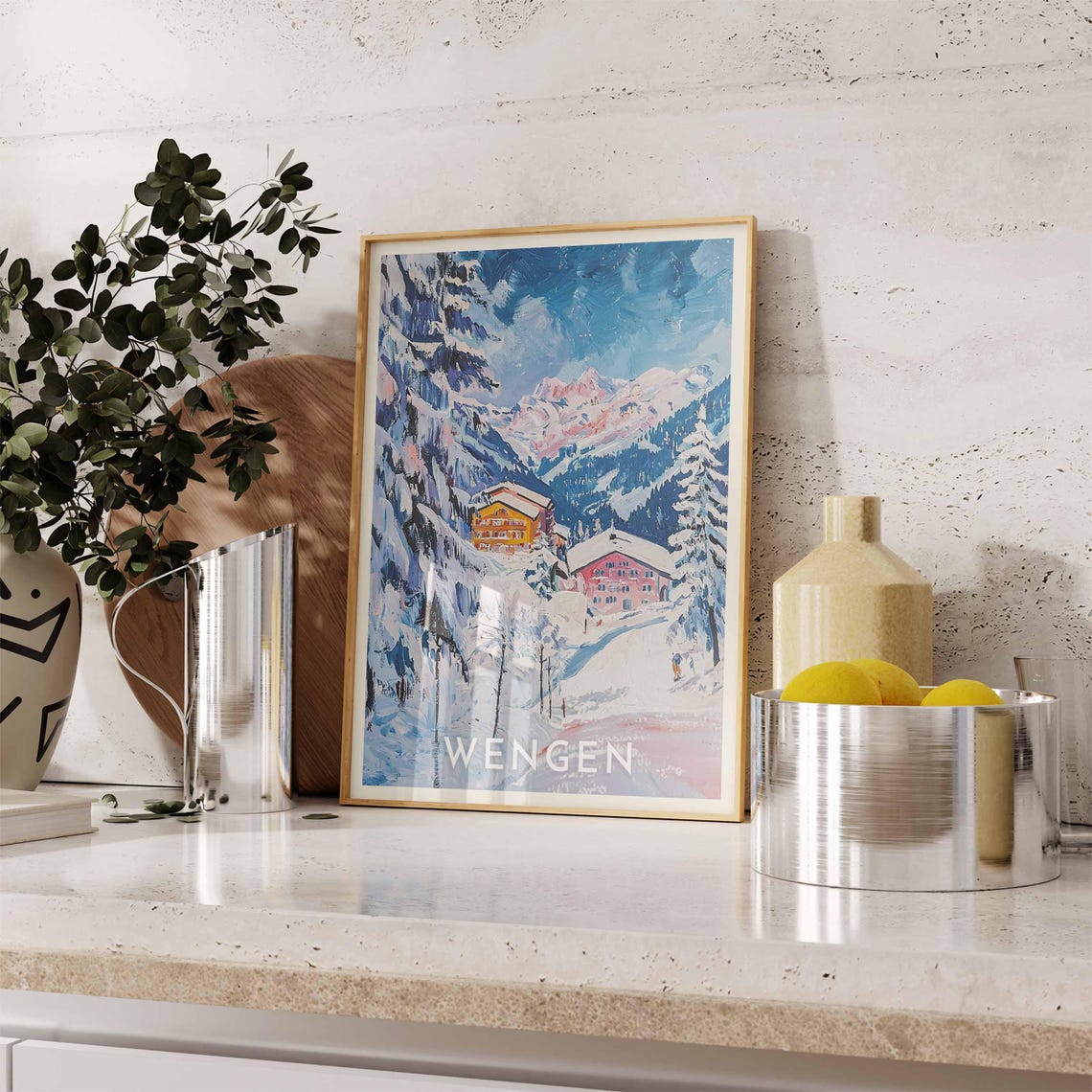 Wengen Switzerland Snowy Chalets Pink Peaks Winter Travel Poster - Image 2