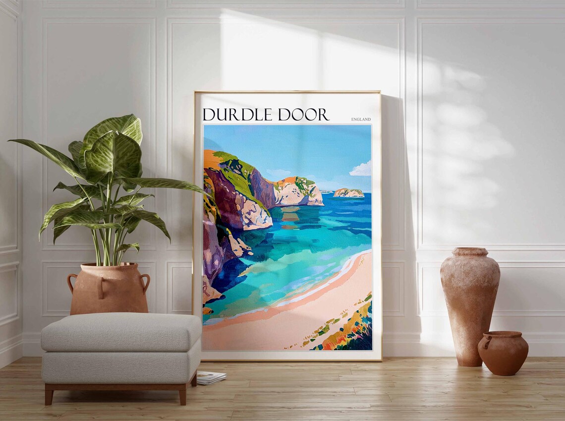 Durdle Door England Teal Sea and Chalk Cliff Beach Bay Poster - Image 3