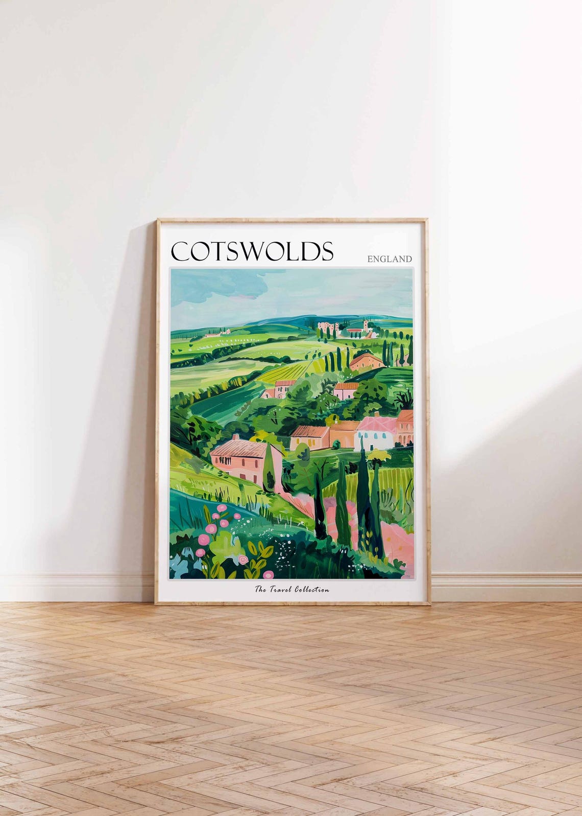Cotswolds England Pink Cottages Cypress Green Hills Scenic Poster - Image 2