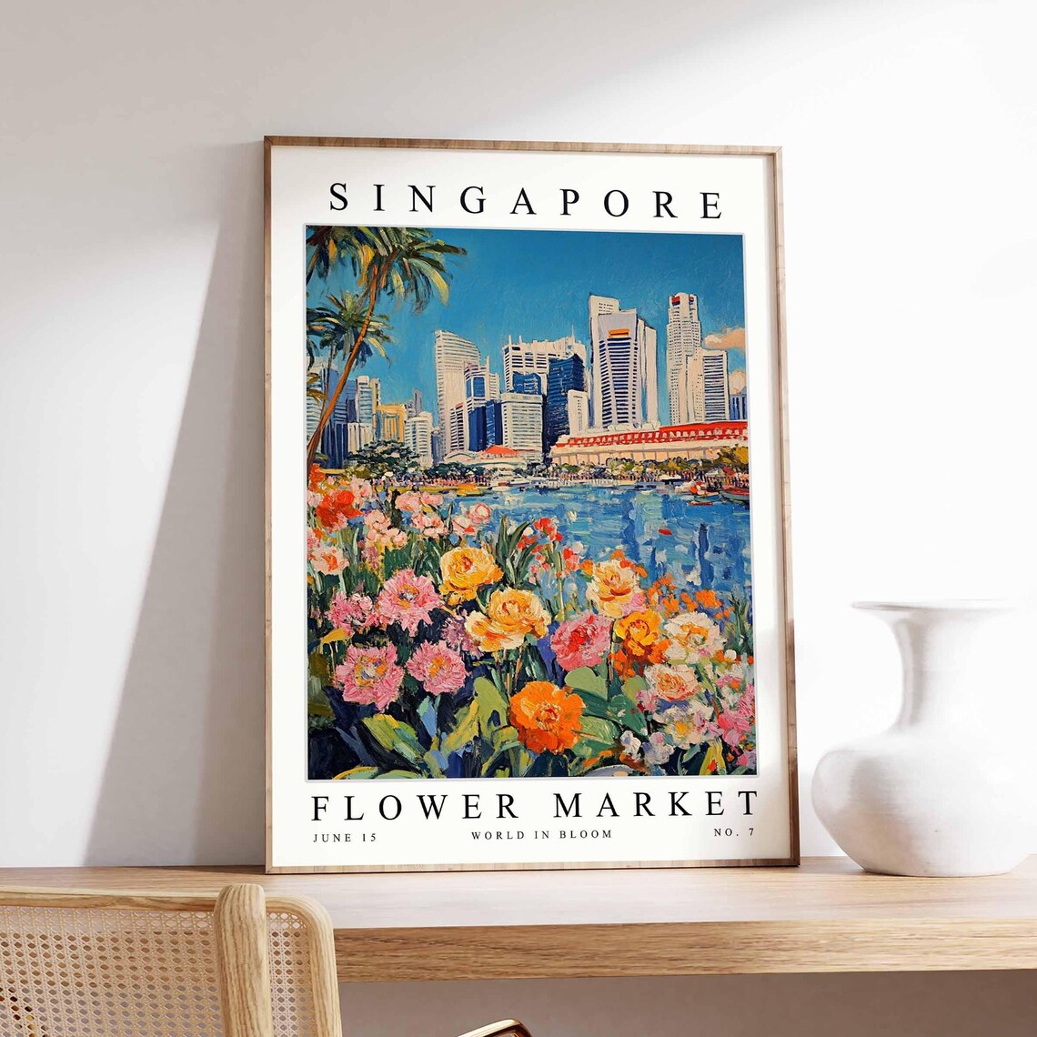 Singapore Flower Market Bay Skyline Peach Pink Blossom Meadow Poster