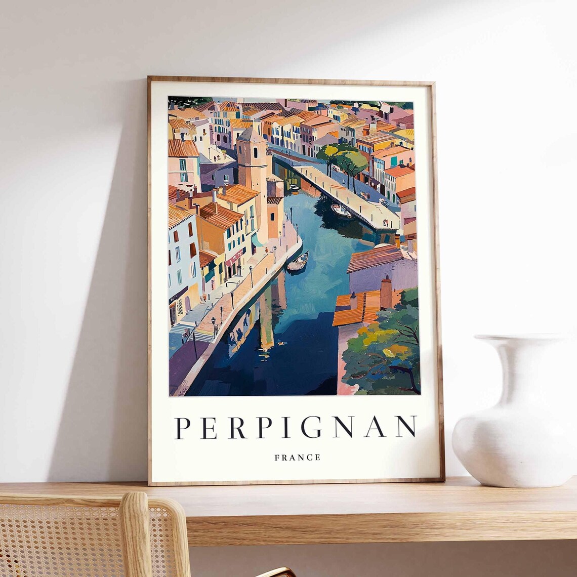 Perpignan France Canal Aerial Colorful Buildings Boat Harbor Poster