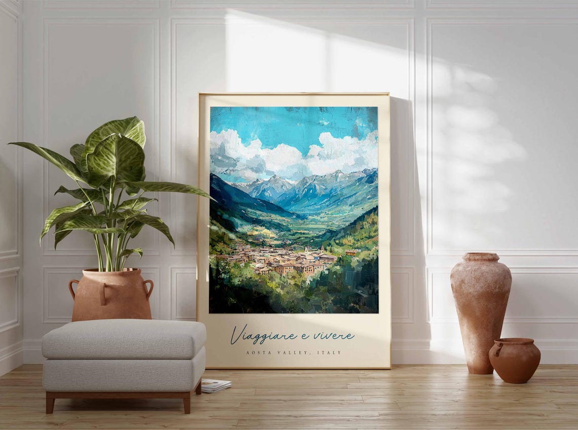 Aosta Valley Green Valley Town Snow Peaks Painterly Scenic Poster - Image 3