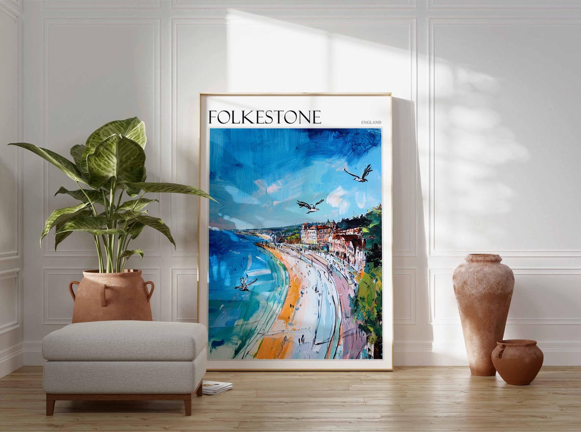 Folkestone England Beach Seagulls Impressionist Coast Art Poster - Image 3