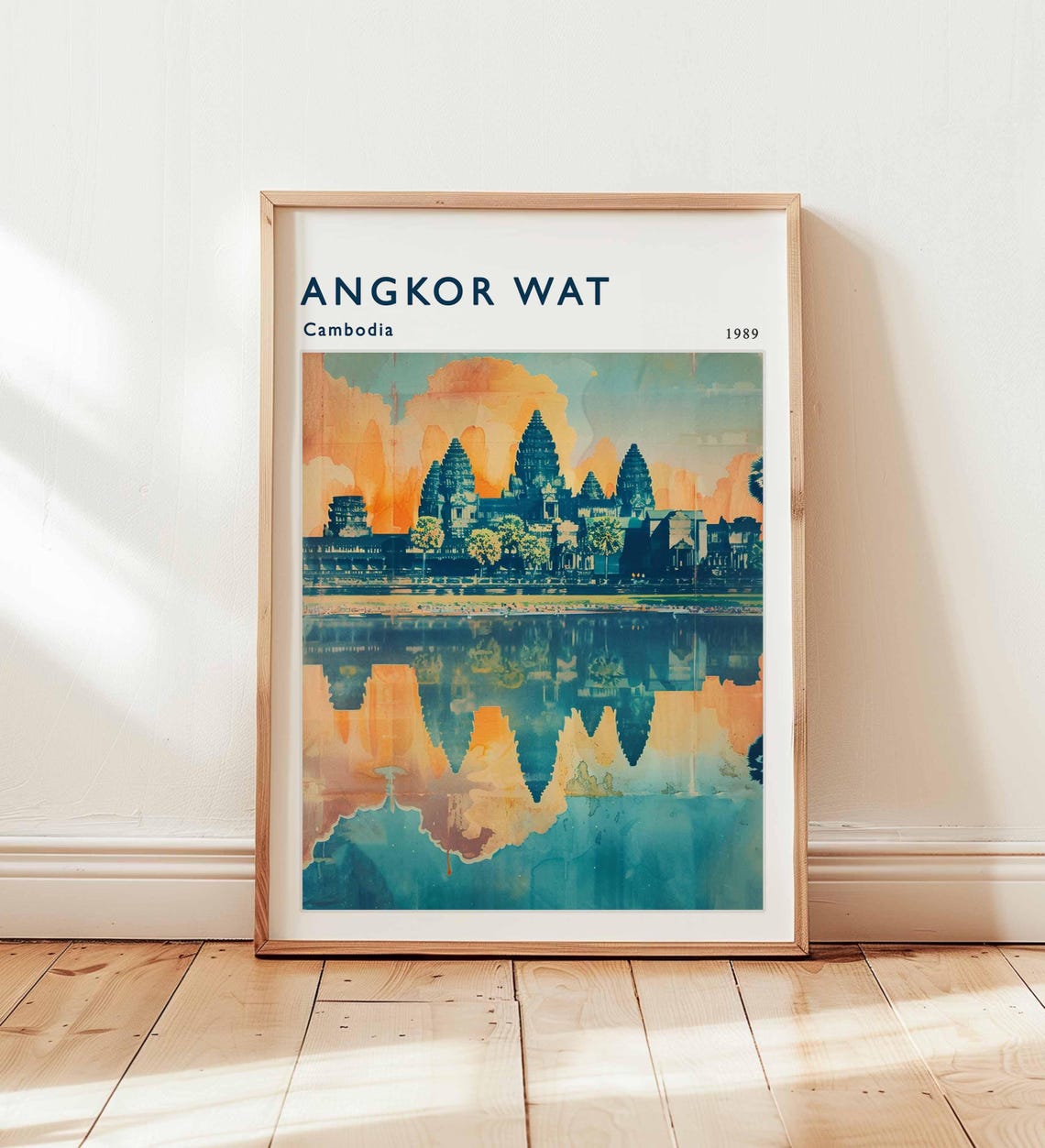 Angkor Wat Cambodia Teal Orange Watercolor Reflection Travel Poster