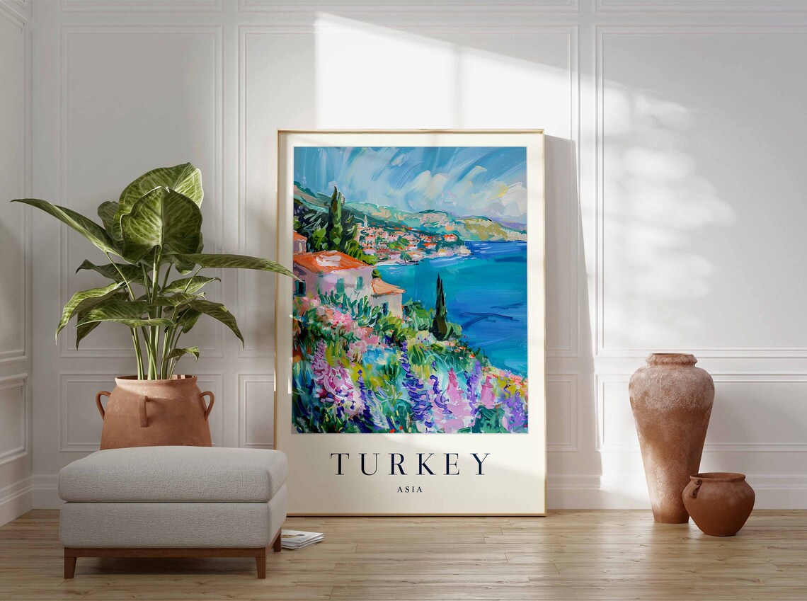 Turkey Wildflower Coast Impressionist Village Blue Sea Travel Poster - Image 3