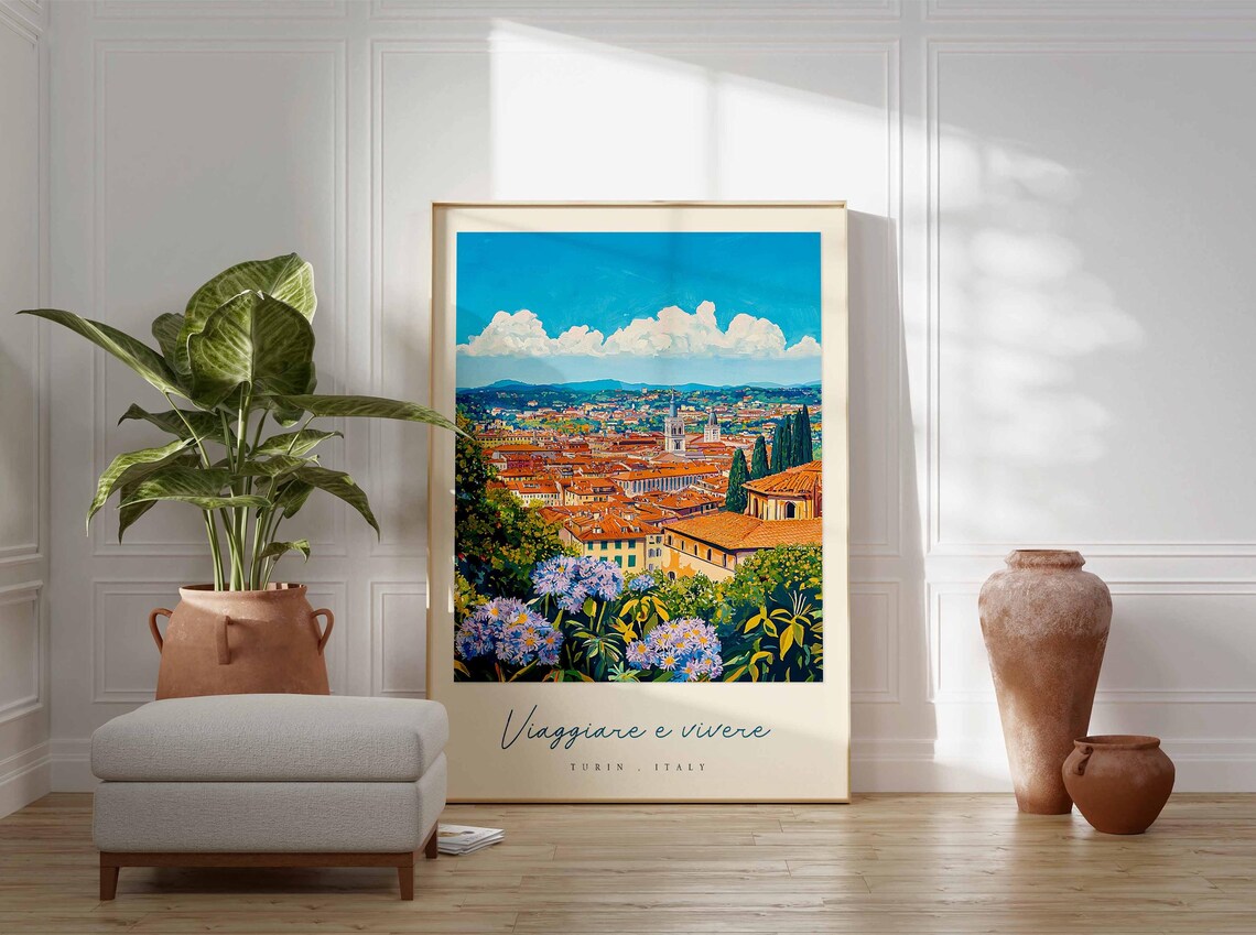 Turin Italy City View Painting Blue Wildflowers Viaggiare Poster - Image 3