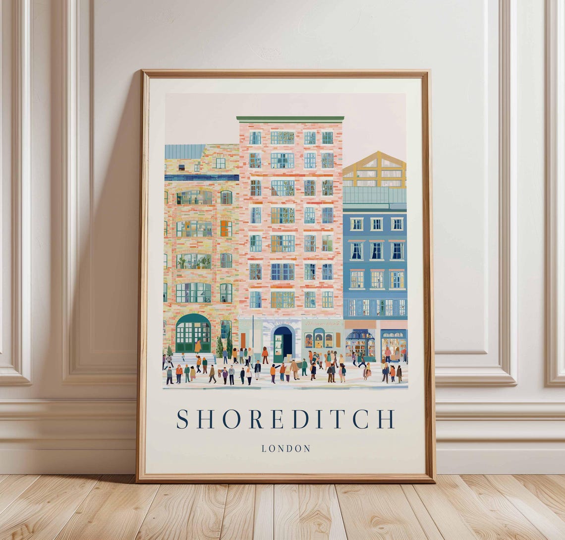 Shoreditch London Busy High Street Crowds Shopfronts Travel Poster