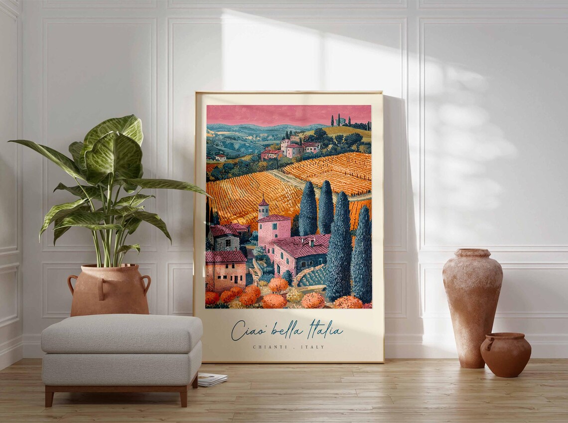 Chianti Italy Ciao Bella Italia Golden Vineyard Hills Farmhouse Poster - Image 3