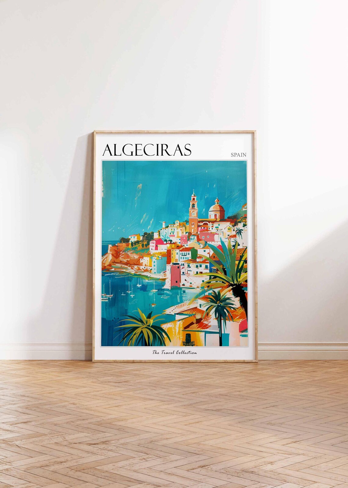 Algeciras Spain Colorful Coastal Town Church Harbor Painting Poster - Image 2