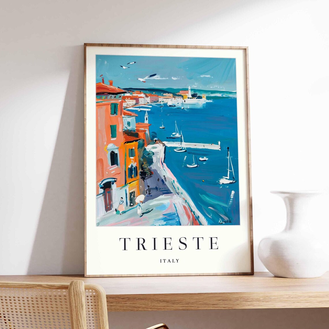 Trieste Italy Colorful Coastal Street Watercolor Travel Poster