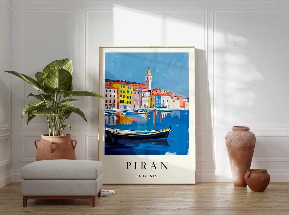 Piran Slovenia Harbor Reflections Rowboats Colorful Waterfront Poster - Image 4
