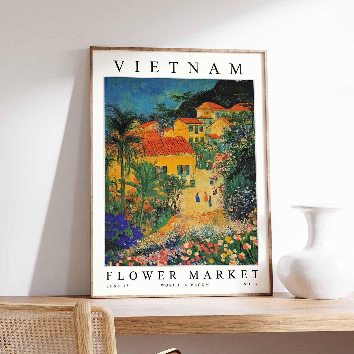 Vietnam Flower Market Village Street Palm Trees Bloom Poster
