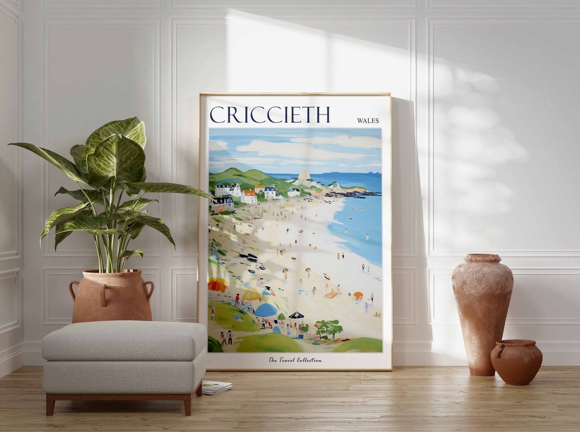 Criccieth Wales Sunny Summer Beach Crowd Travel Collection Poster - Image 3