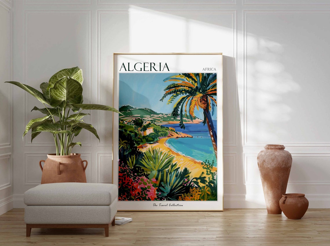 Algeria Africa Sandy Cove Palm Turquoise Water Travel Poster - Image 2