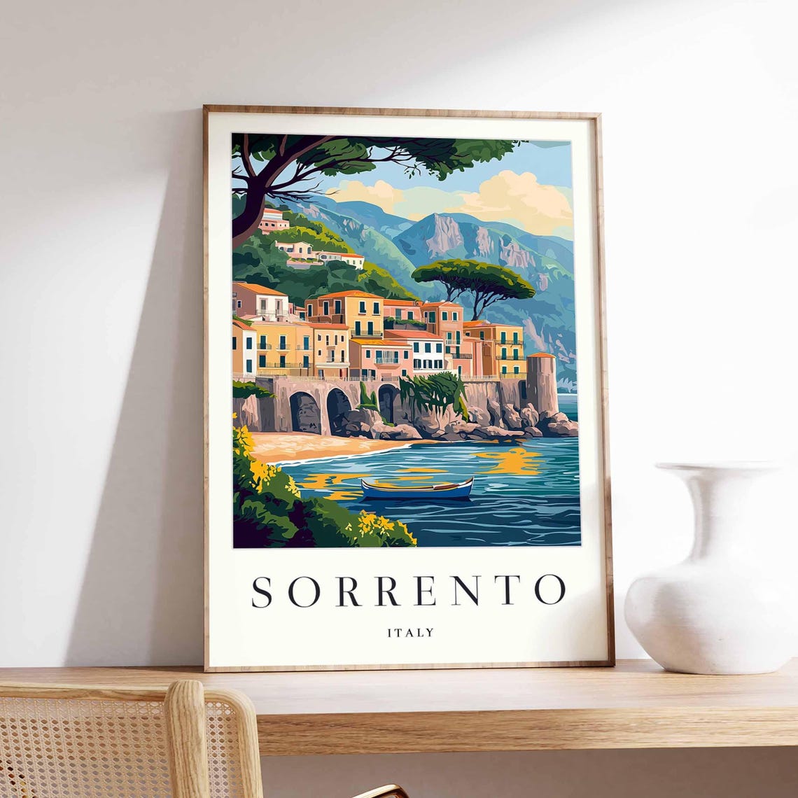 Sorrento Italy Hidden Cove Rowboat Waterfront Arches Travel Poster