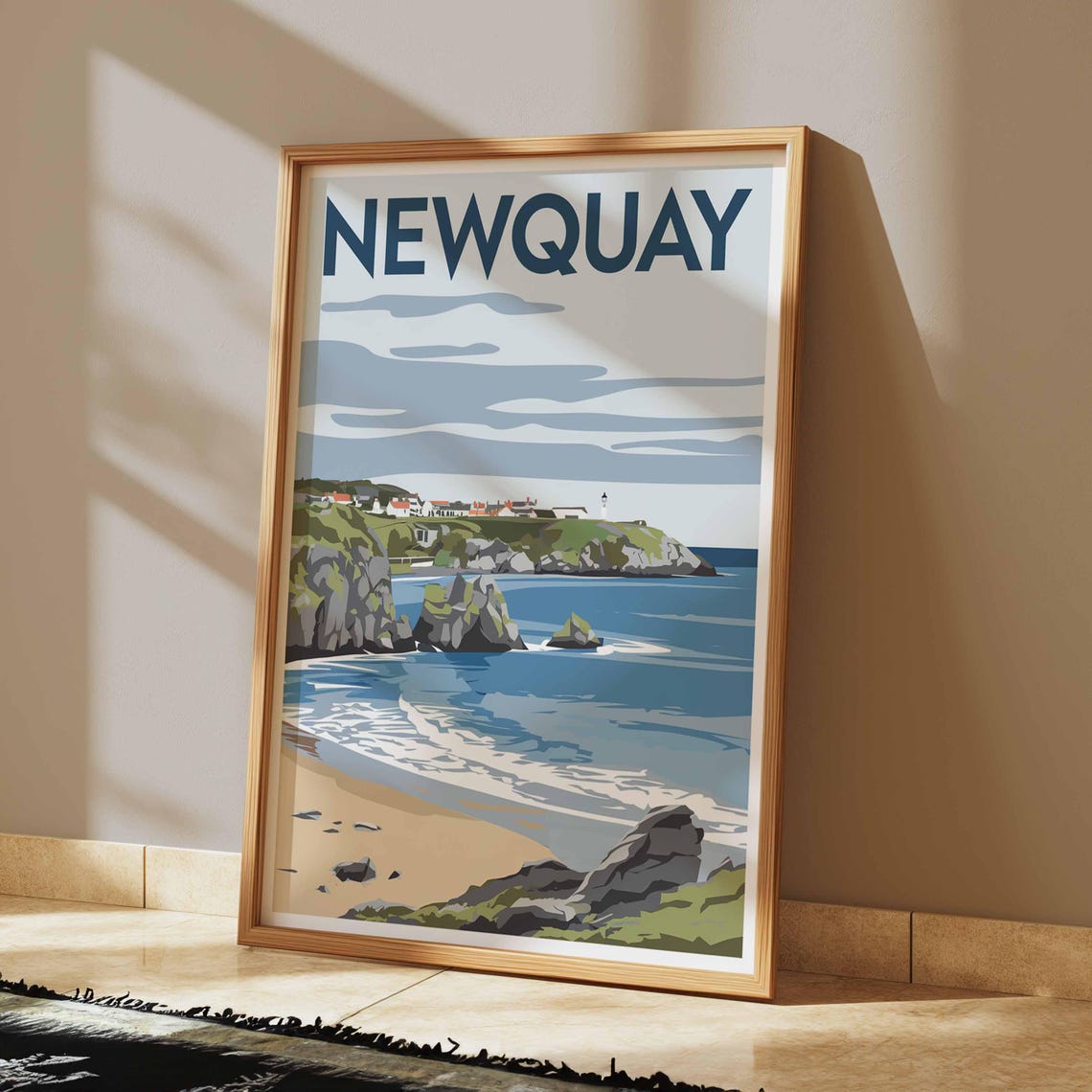 Newquay Rocky Beach Cliffs and Headland Town Coastal Art Poster - Image 2
