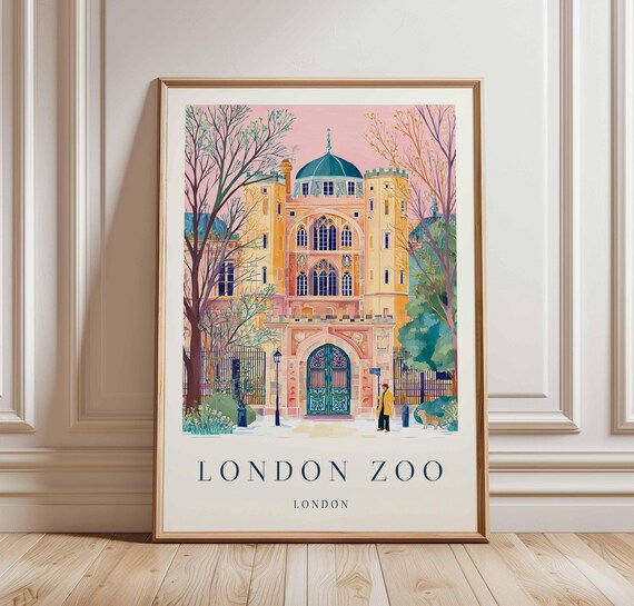 London Zoo Clock Tower Gatehouse Vintage Travel Poster Pink London Decor