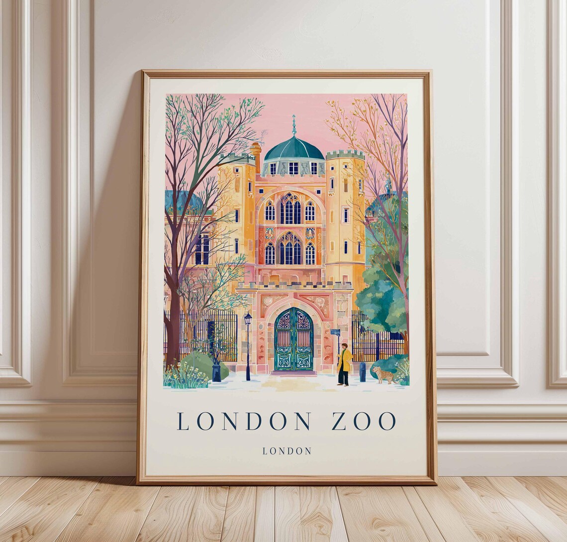 London Zoo Clock Tower Gatehouse Vintage Travel Poster Pink London Decor