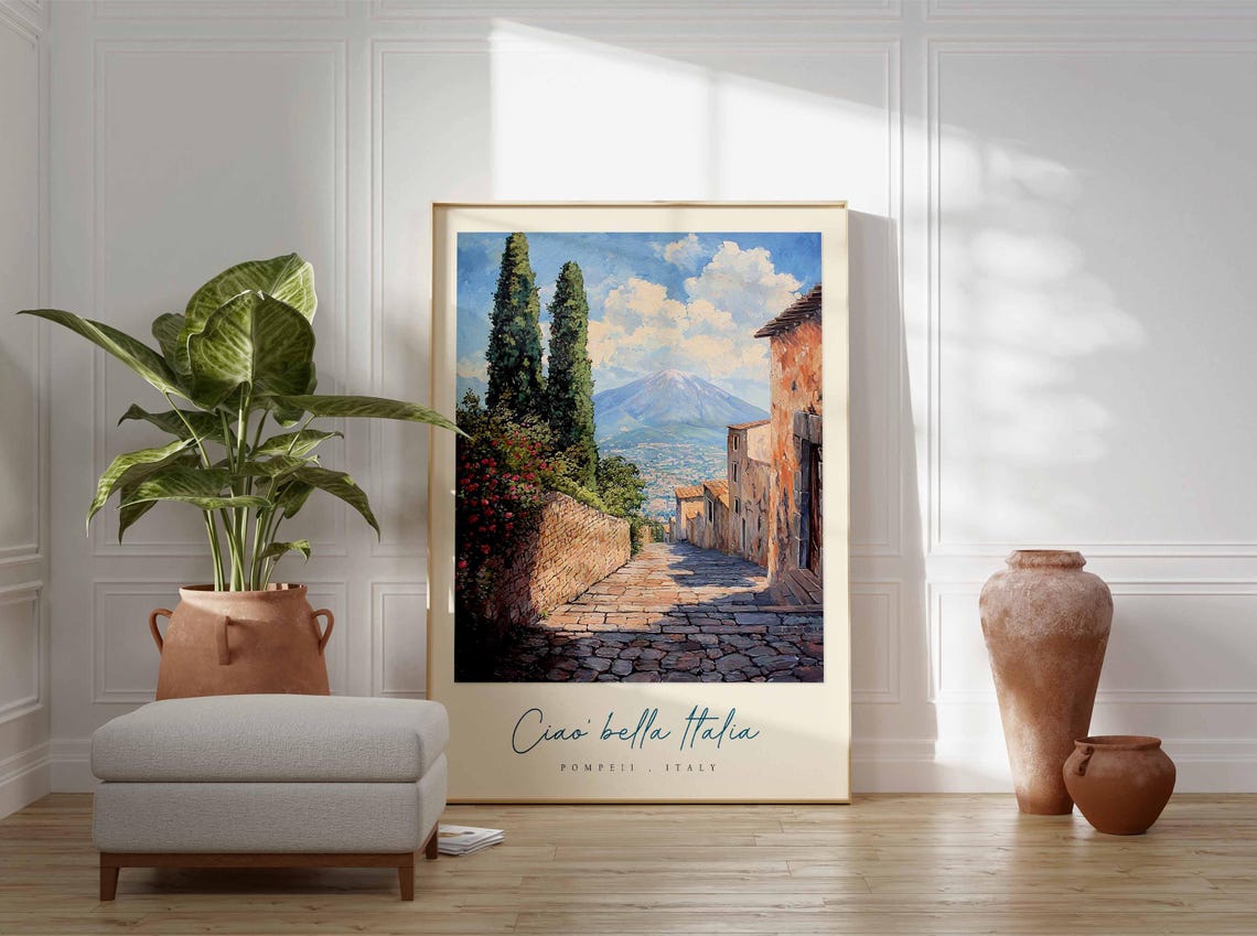 Pompeii Italy Cobbled Lane With Cypress Ciao Bella Italia Poster - Image 3