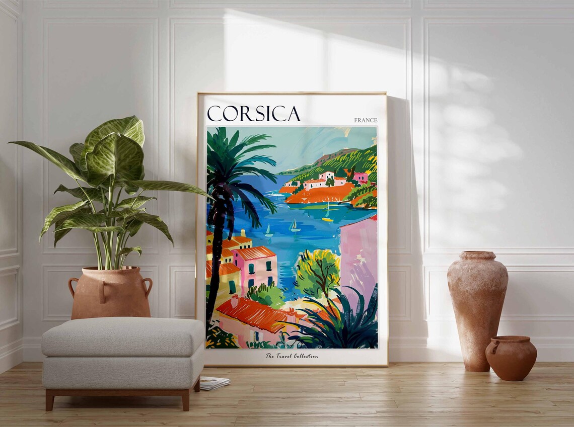 Corsica France Palm Framed Bay Pink Village Turquoise Poster - Image 3