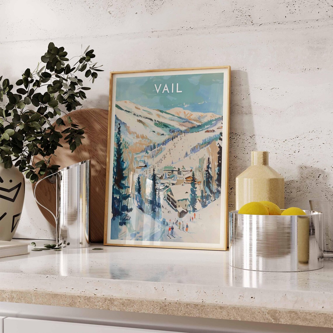Vail Colorado Watercolor Ski Lifts Village Slopes Scene Poster - Image 2
