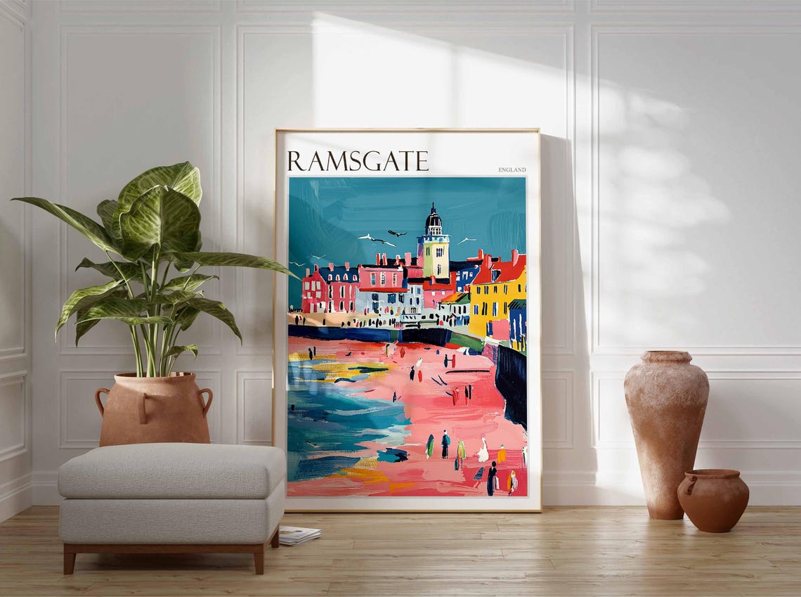 Ramsgate England Busy Pink Beach Townscape Bold Artwork Poster - Image 4
