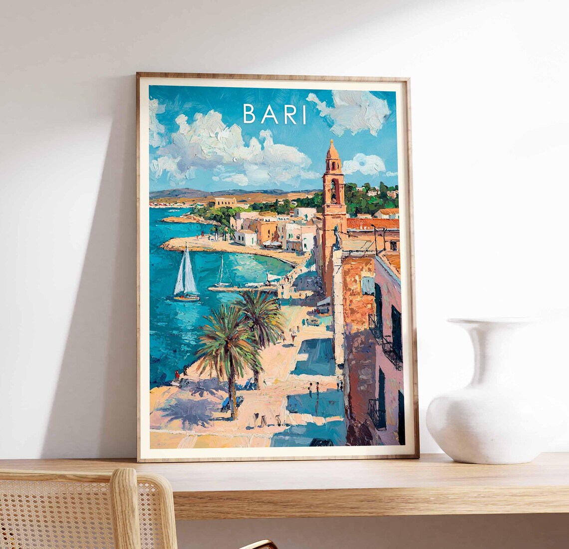 Bari Italy Coastal Church Tower Harbor Scene Vintage Art Poster