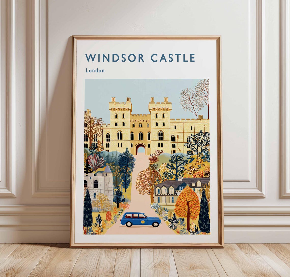 Windsor Castle London Autumn Front View with Blue Car Travel Poster