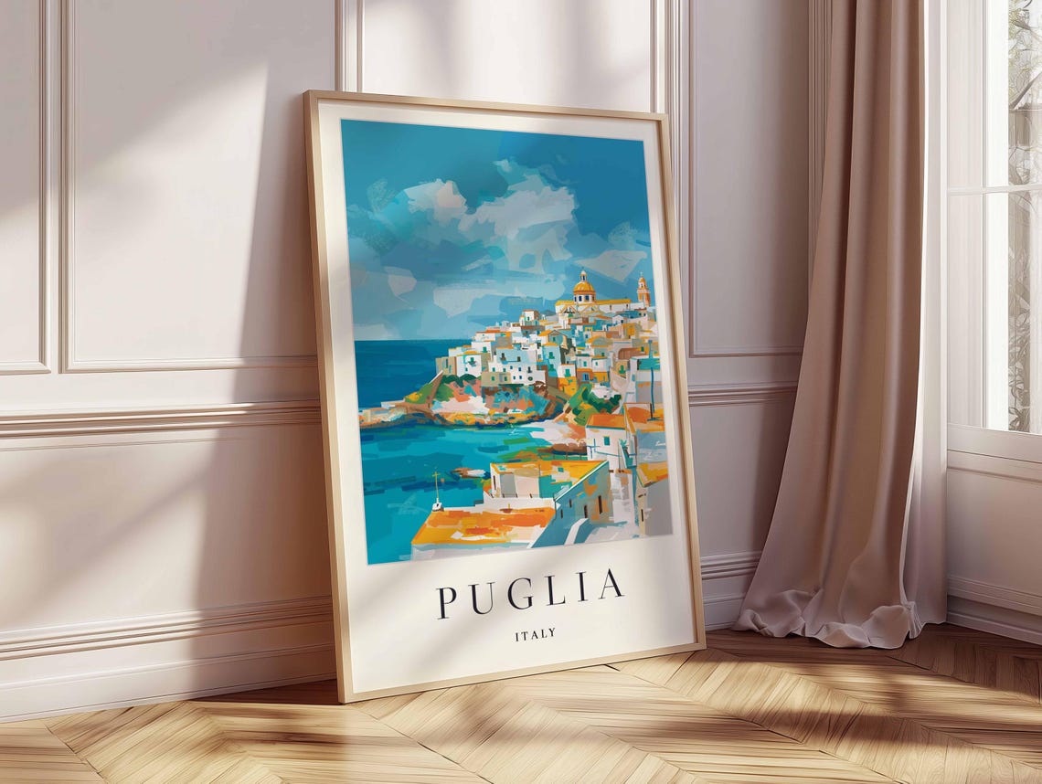 Puglia Italy Whitewashed Hilltop Town Cliff Dome Bell Tower Sea Poster - Image 2