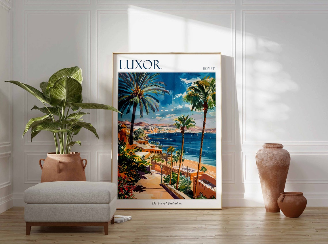 Luxor Egypt Nile Riverside Palm Promenade Colorful Painting Poster - Image 2