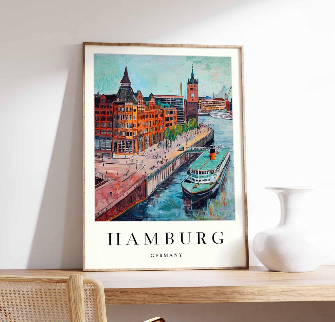 Hamburg Germany Harbor Quay Ferry Brick Buildings Travel Poster