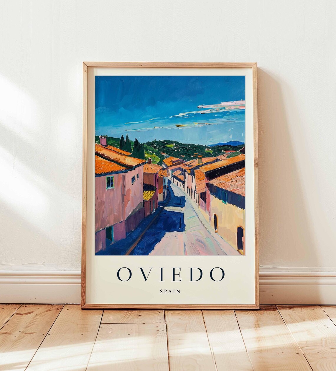 Oviedo Spain Village Street Terracotta Roofs Hills Travel Poster