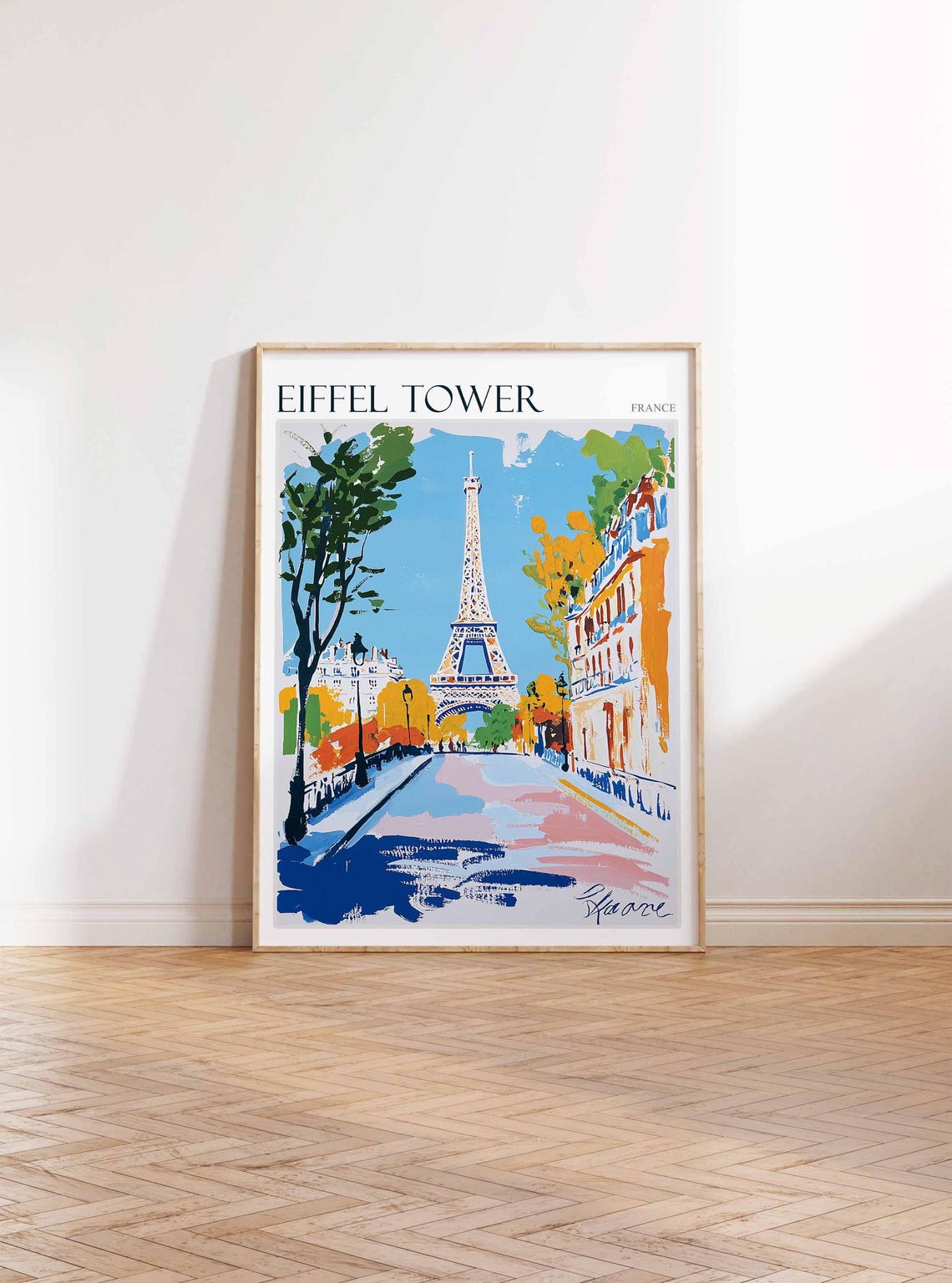 Eiffel Tower France Travel Poster Paris Street Autumn Trees Painting - Image 3