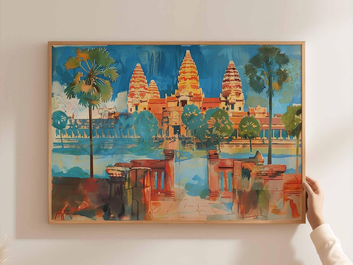 Angkor Wat Stone Bridge Watercolor Temple Reflection Cambodia Poster