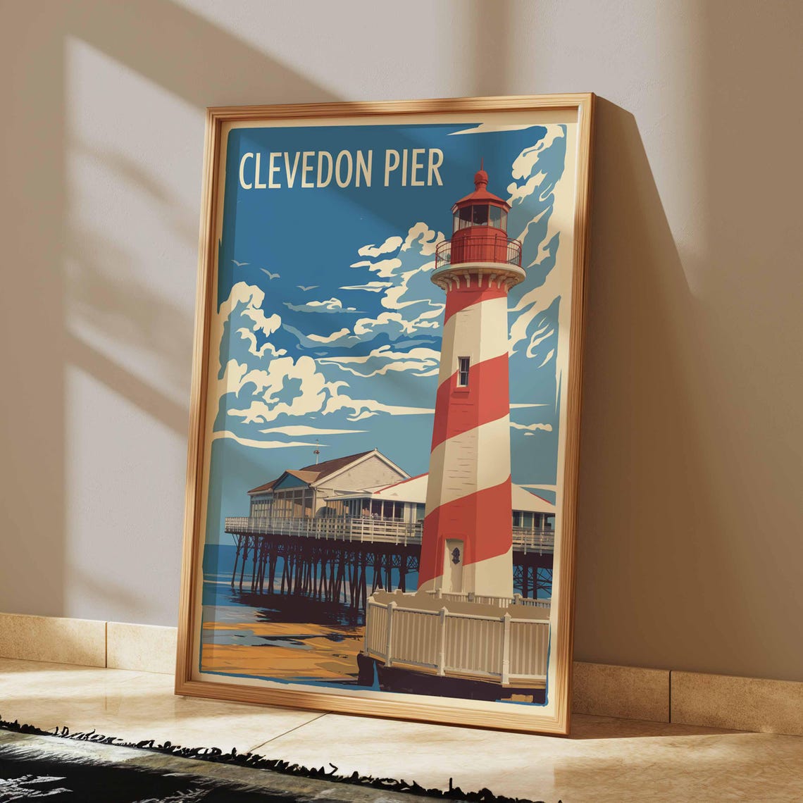 Clevedon Pier Red and White Tower Vintage Seaside Travel Poster - Image 2