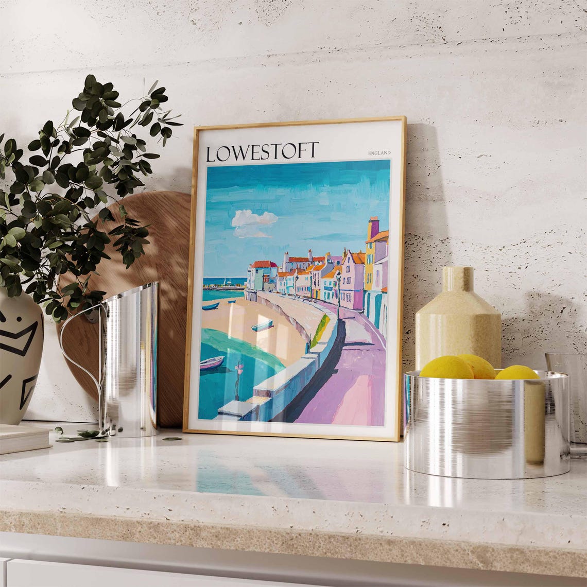 Lowestoft England Curving Promenade Beach Teal Sea Houses Poster - Image 2